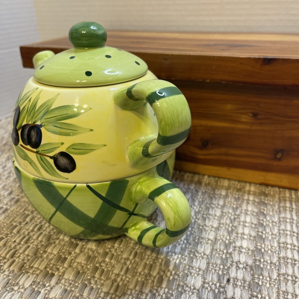 Olive Tea For One Set Teapot and Cup Stackable Kitchen Decor Ceramic - Picture 11 of 12